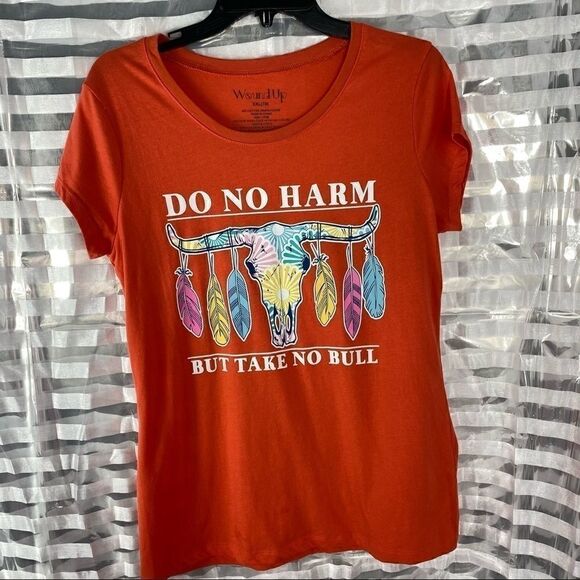 Wound Up Orange Do No Harm Bull Skull T-shirt - Picture 1 of 5